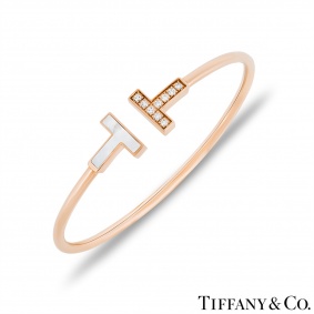 Tiffany & Co. Rose Gold Mother of Pearl & Diamond Tiffany T Wire Bracelet
